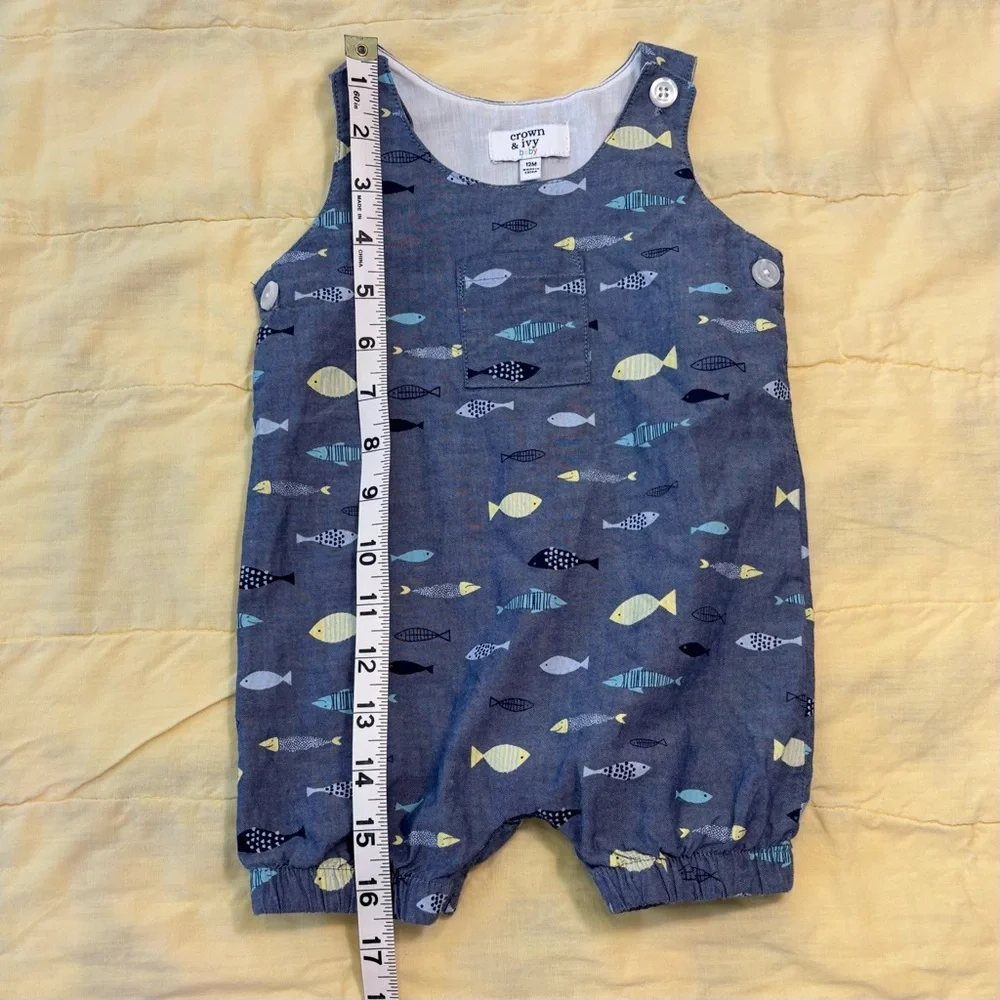 EUC Crown & Ivy Baby Romper, Blue with Fish Print, Baby Sz 12 months - Picture 3 of 13